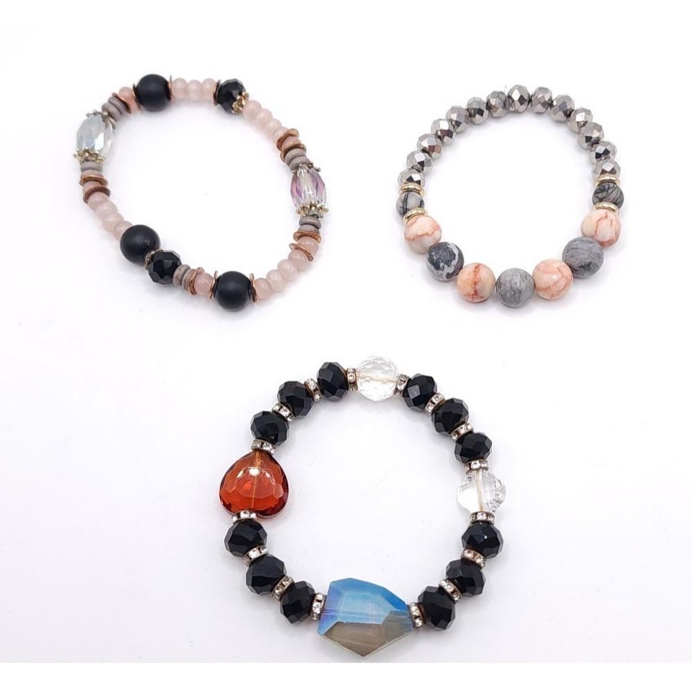 3Pc Beaded Stretch Bracelet Set 6.5-7in